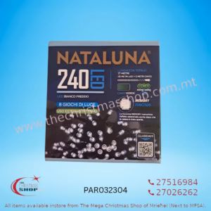240 LED ICE WHITE MEMORY FAIRY LIGHTS. INDOOR AND OUTDOOR USE. PAR032304