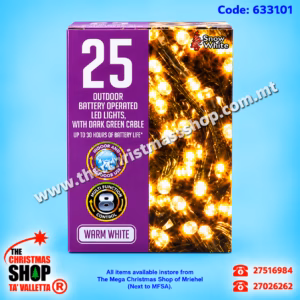 25 LED LIGHTS. BATTERY OPERATED OUTDOOR. WARM WHITE. 633101