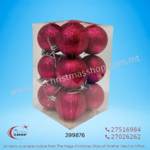12 PCS GLITTERED FUSCHIA HANGING CHRISTMAS BALLS 399876