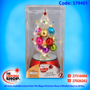 GLASS XMAS TREE WITH BAUBLES AND LIGHTS B/O. GT579401