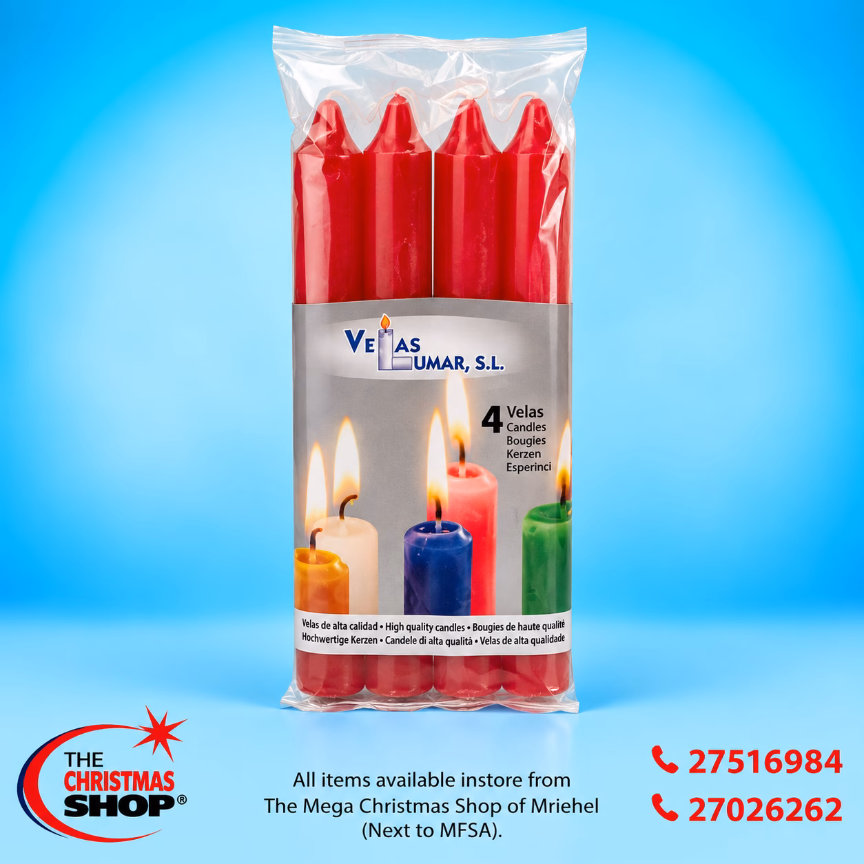 PACKET OF 4 RED TAPERED CANDLES 18CM 021078