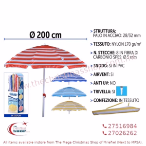 TILT AND STRIPED BEACH UMBRELLA WITH SUNBLOCK MATERIAL 200CM PAR116363