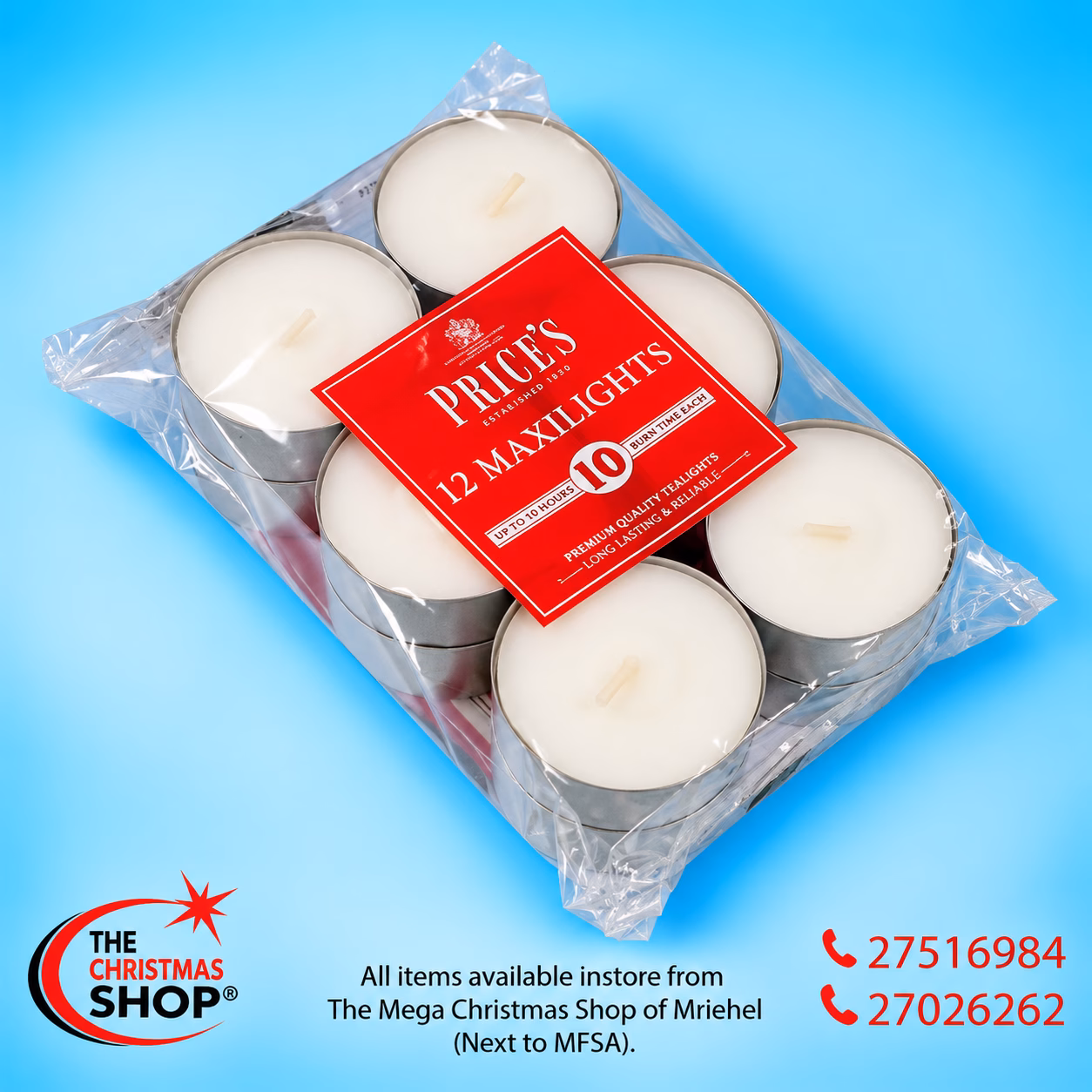 PACKET OF 12 LARGE TEALIGHT CANDLE 10HR 365591