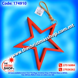 WOODEN HANGING STAR  RED 25X25CMS 174910