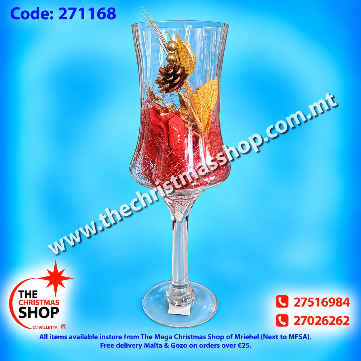 TRANSPARENT GLASS VASE WITH CHRISTMAS DECORATION 40CMS 271168