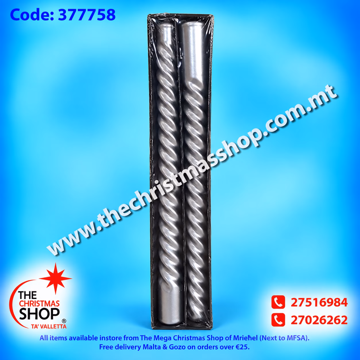 PACKET OF 2 SPIRAL SILVER CANDLES 25CM 377758